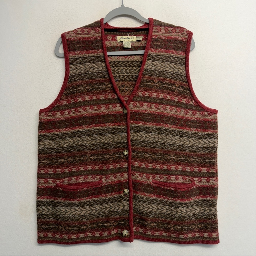 Vintage Eddie Bauer 100% Wool Knit Sweater Vest Pockets Multi Color Medium‎